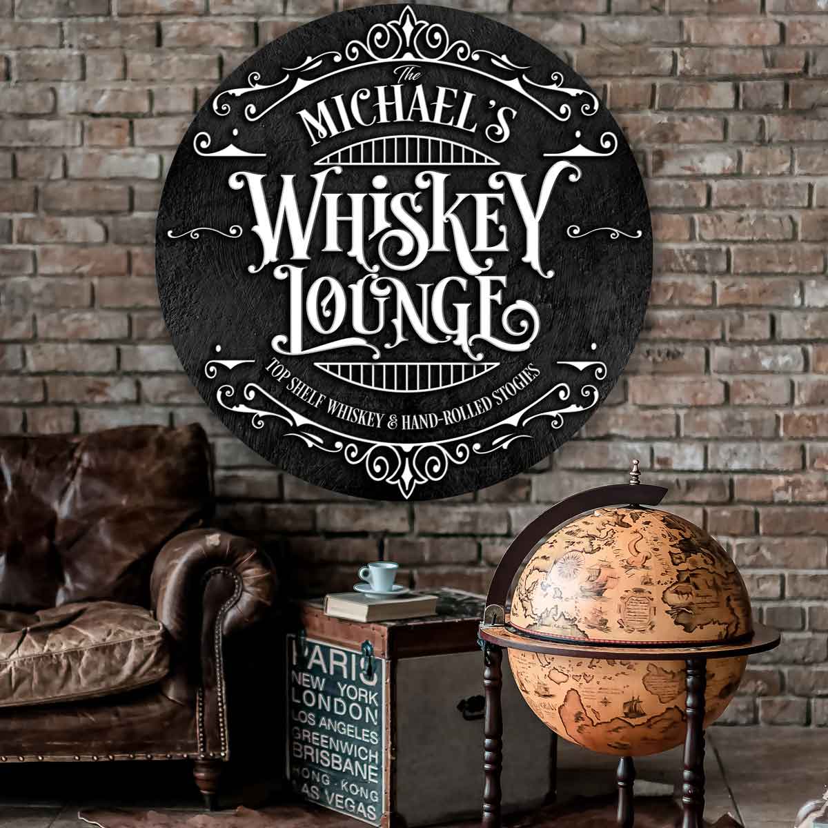 Bar Sign_Whiskey Sign on black round metal with family name and words: Whiskey Lounge, top shelf whiskey and hand rolled stogies