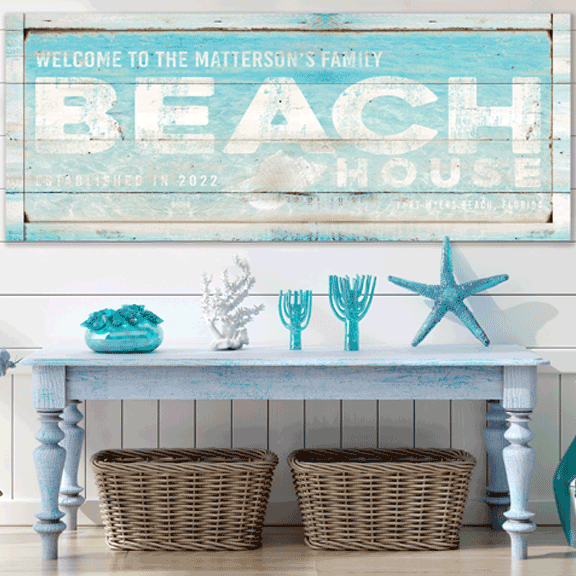 Coastal Beach Wall Decor on distressed beach wood with the words: Welcome to our Beach house with personalized name and date.