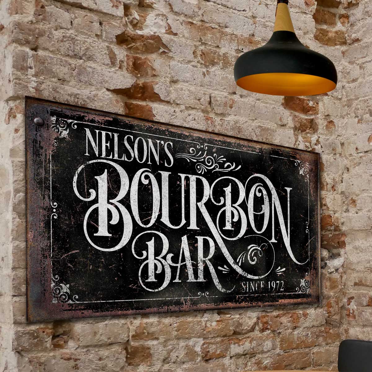 Bourbon Bar Sign Personalized on black frame with white distressed letters that read [Family Name] Bourbon Bar with established date