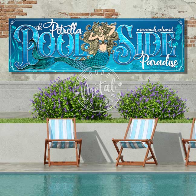 Welcome Mermaids Poolside Paradise Sign Metal Pool Sign