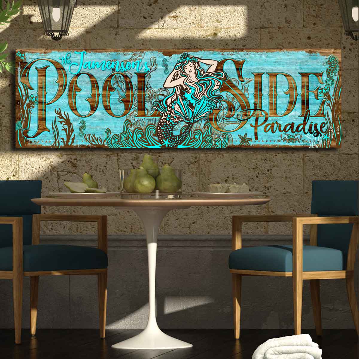 Pool and Patio Signs with a green patina finish with the words [the family name} Poolside Paradise