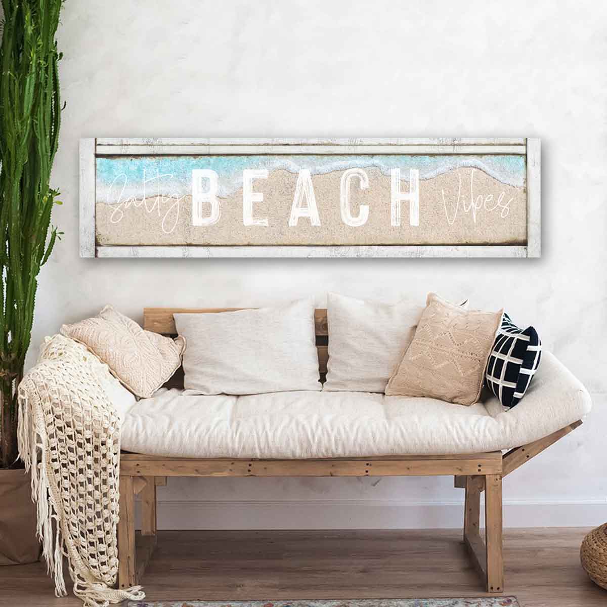 Beach House Sign, Beach Arrow with sand and blue waters behind it with the words. Salty beach vibes