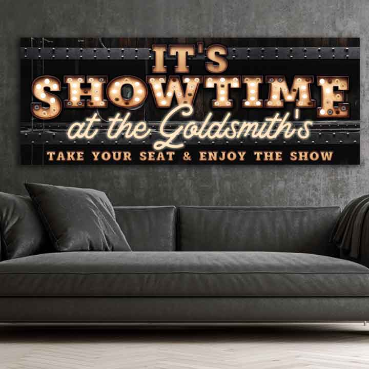 It's Showtime Movie Theater Sign with black background and faux marquee lights and neon-lights and personalized name on the movie sign.