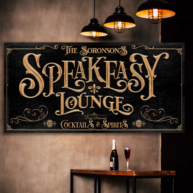 Speakeasy Bar Sign on black textured background with words (family name) Speakeasy Lounge Cocktails and spirits