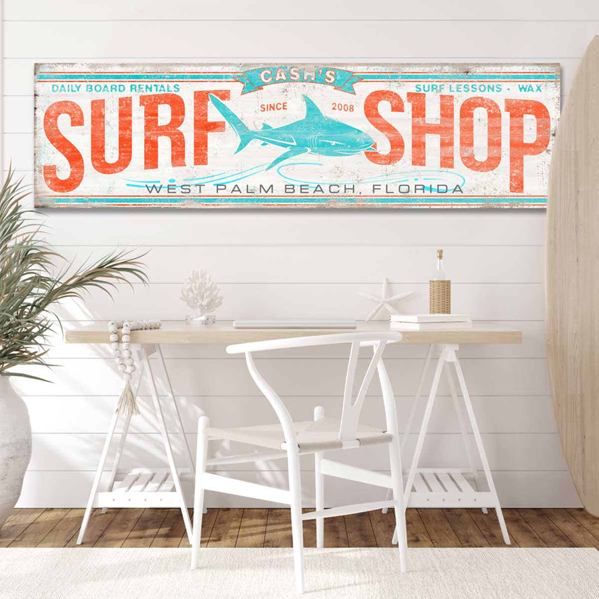Surf Decor for boy bedroom Surf Shop Sign with [name] and the words Surf Shop, with a shark and city and state hanging on wall in Surf Room