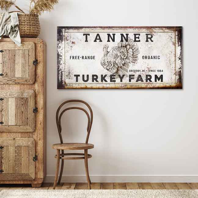 Turkey Hunting Decor of a big tom turkey on beige stress faux wood canvas. Words [family Name] Turkey Farm. Sign