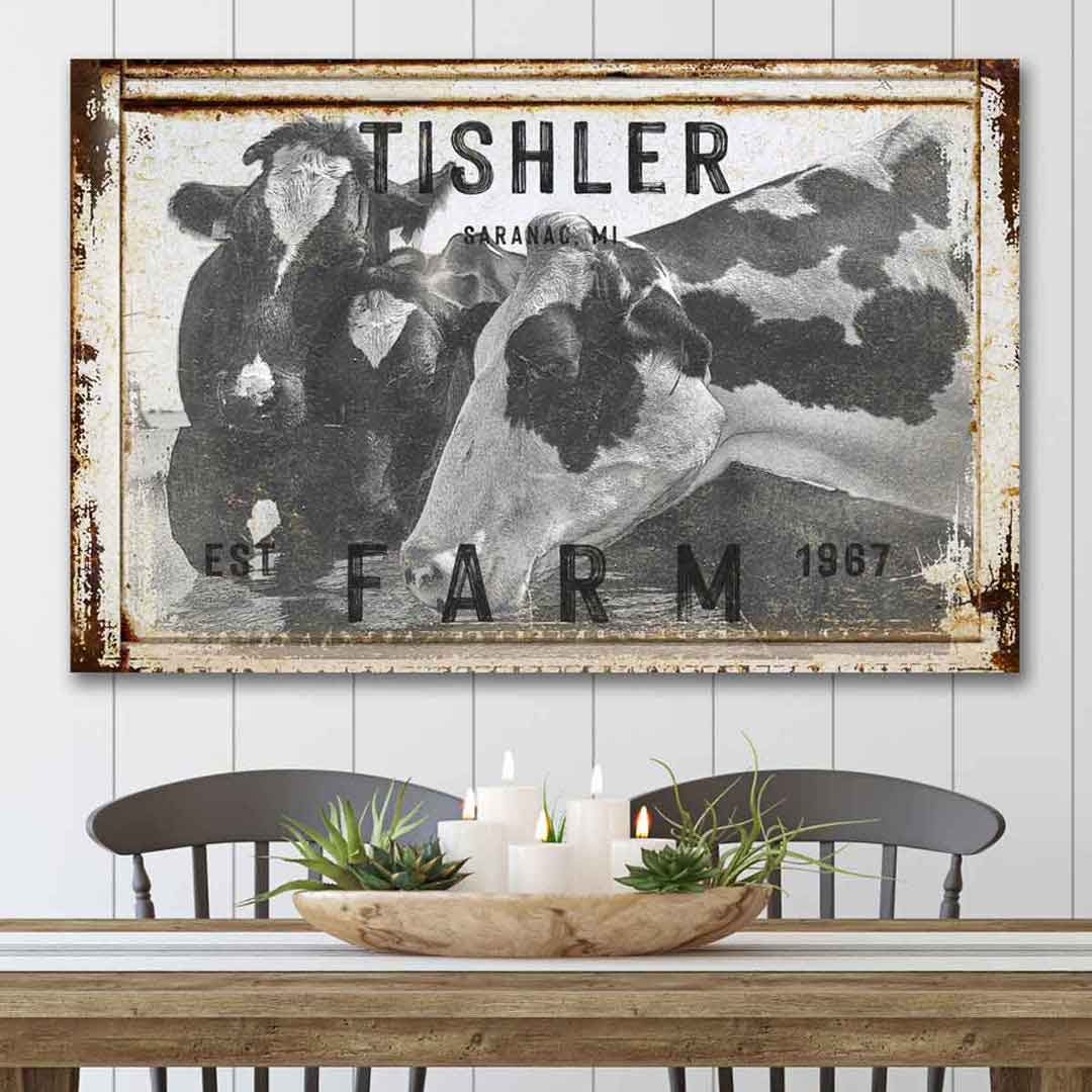 Cattle Ranch_Dairy Cow Sign  on rustic frame distressed with black and white photo image of dairy cows drinking from a troff with the words [Family name] Farm, and est. date of farm