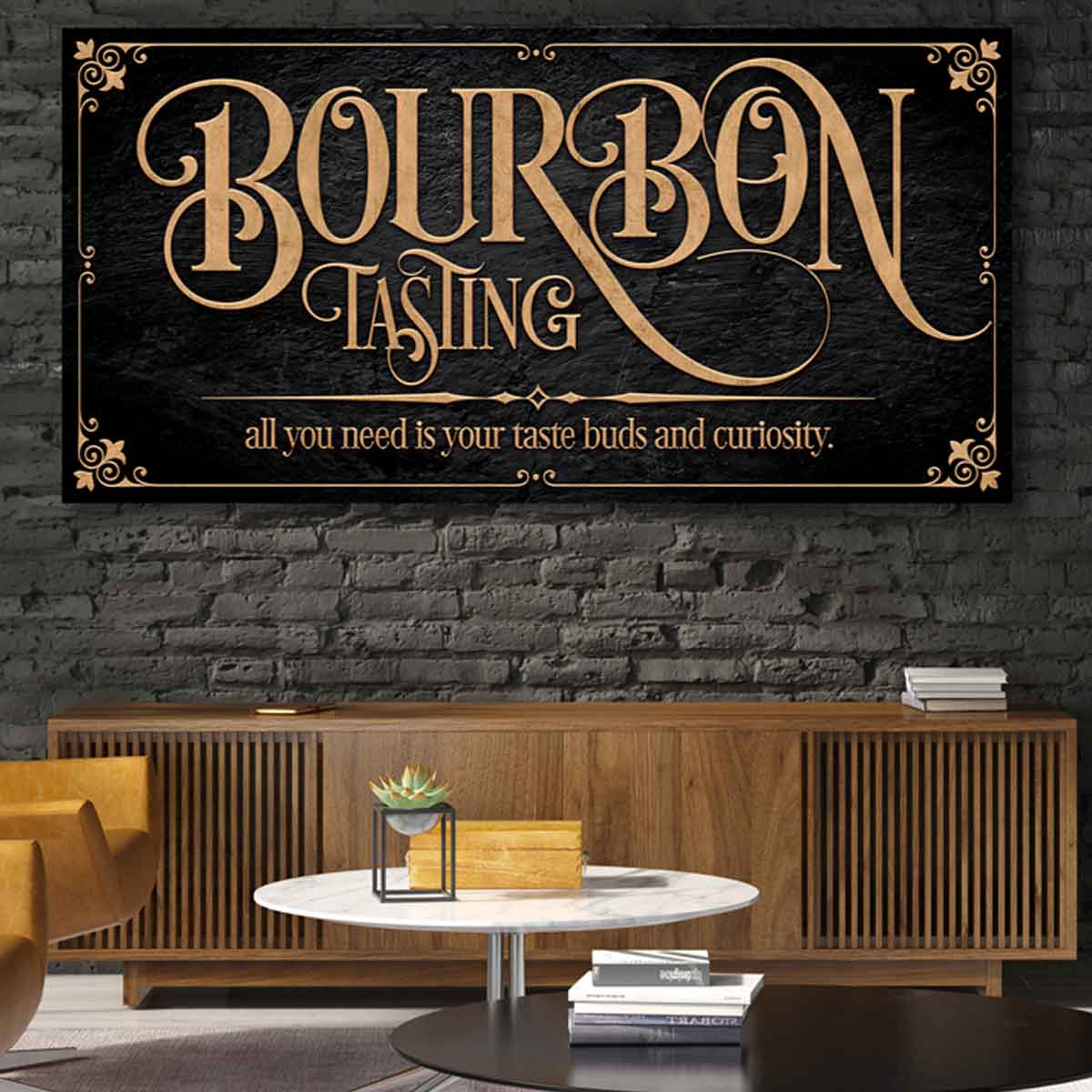 Bourbon Bar Decor- Bourbon Tasting Sign on black stone with gold words that say Bourbon Tasting: All you need is your taste buds and curiosity