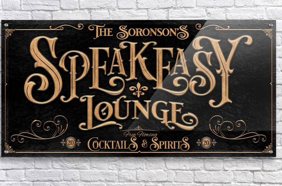 Speakeasy Bar Sign on black textured background with words (family name) Speakeasy Lounge Cocktails and spirits