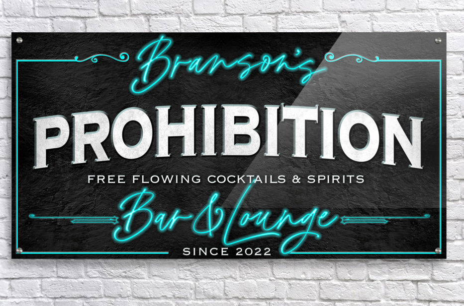 Prohibition Speakeasy Sign, on black stone with faux neon lights personalized for any bar or modern farmhouse decor