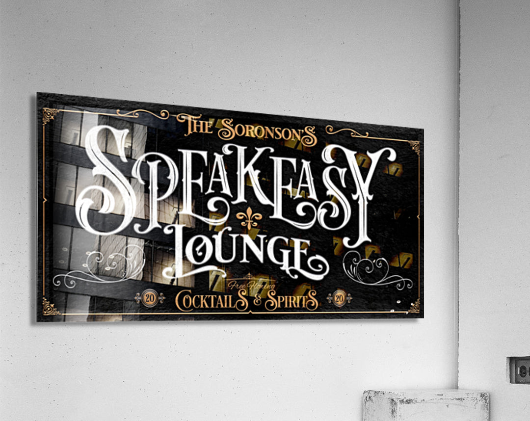 acrylic speakeasy sign in black and gold with withe lettering