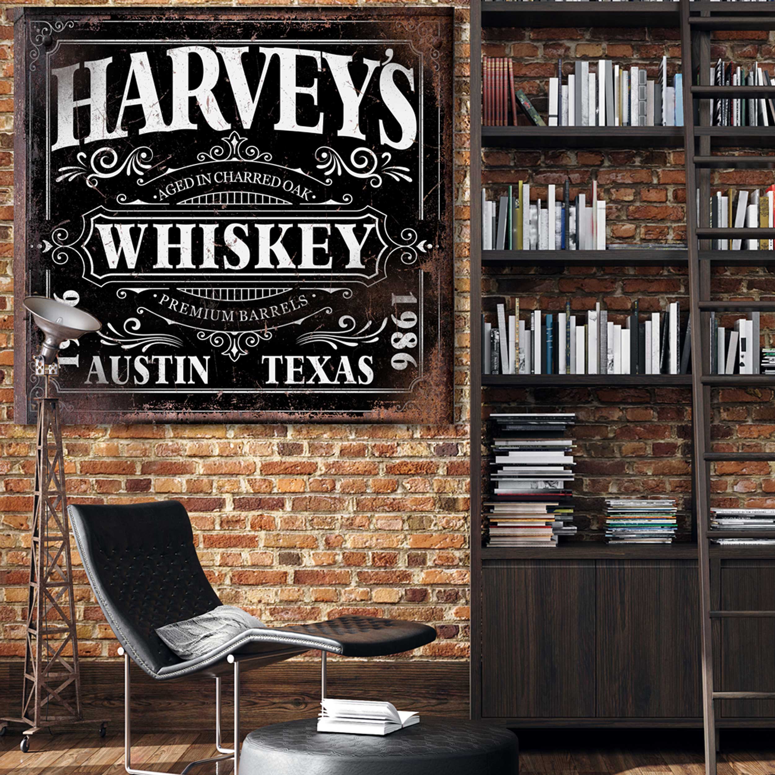 Top Shelf Whiskey Bar Signs made on black distressed background with words on it [Personalized Name] Whiskey, aged in charred oak premium barrels, City & State with established date on the side with a very industrial decor style.