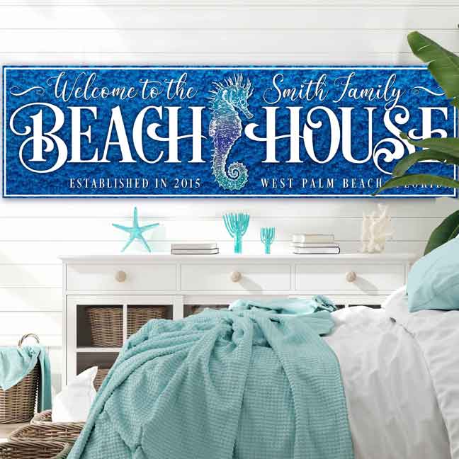 Coastal Decor - Beach House Seahorse Sign in Blue
