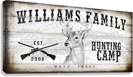 Deer head Sign with family name and the words - hunting camp.