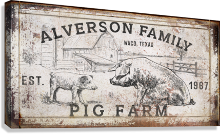 Pig Decor for Home of a sign with pigs on rustic background and white distressed paint with old barn and two pigs with words [family name, waco texas] Pig Farm