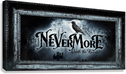 Nevermore Halloween Decor Raven on blue Gothic faux frame and the words Nevermore Quoth the Raven.