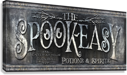 Spookeasy-Speakeasy Sign on stone black background with the Words Spookeasy Potions and Spirits.