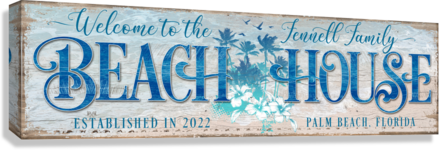 canvas beach house sign in light blues and beige on canvas