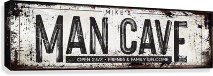 canvas man cave signs on distressed background with white and words man cave
