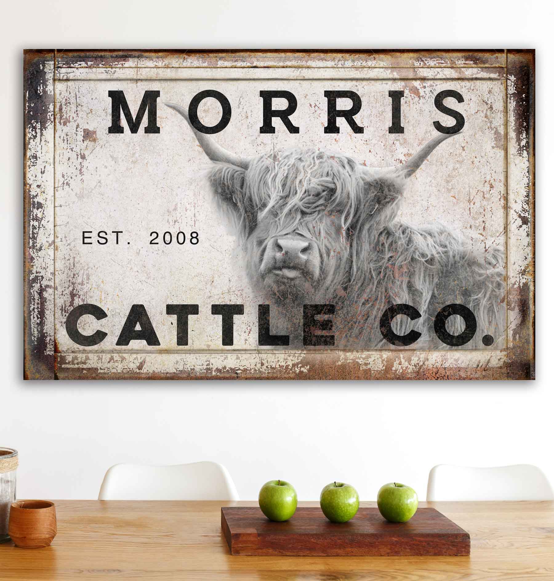 Highland Cow Sign on rustic faux wood canvas with family name and a highland Cow on it with the words [Family Name, Cattle Co.] Cute Fluffy Cow.