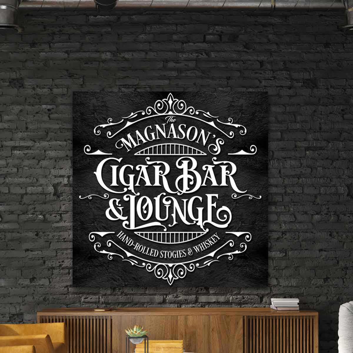 Cigar Bar Sign on black stone with white lettering that says: family name, Cigar Bar and Lounge, hand rolled stogies and whiskey