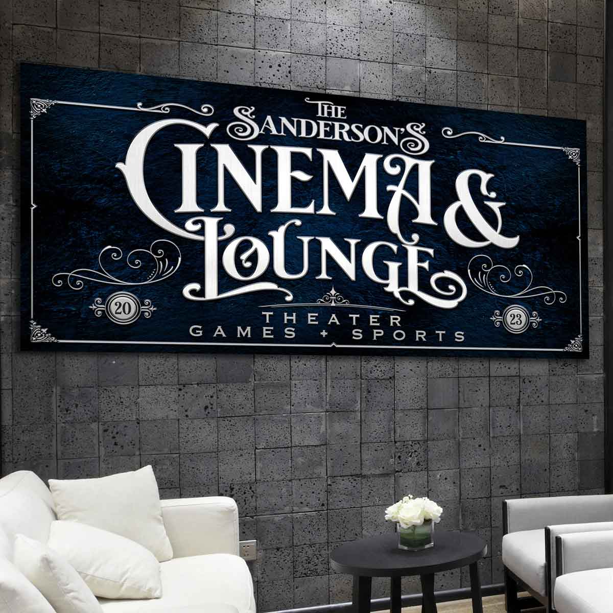 Theater Room Cinema Lounge Sign on dark navy blue textured background.