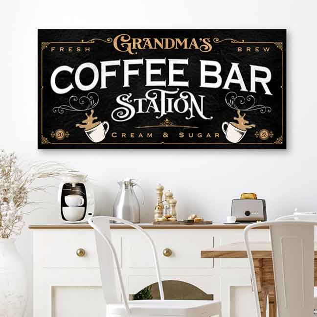Modern Farmhouse Coffee Bar Sign in black with big words that say coffee bar station, cream and sugar personalized.