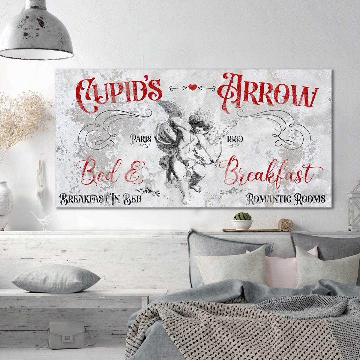 Valentine's Day Decor Cupids Sweetheart Bed and Breakfast Sign in chippy white paint in black, white, and red. That reads[Cupids arrow, paris 1889, Bed & Breakfast] Large Canvas Valentines Signs