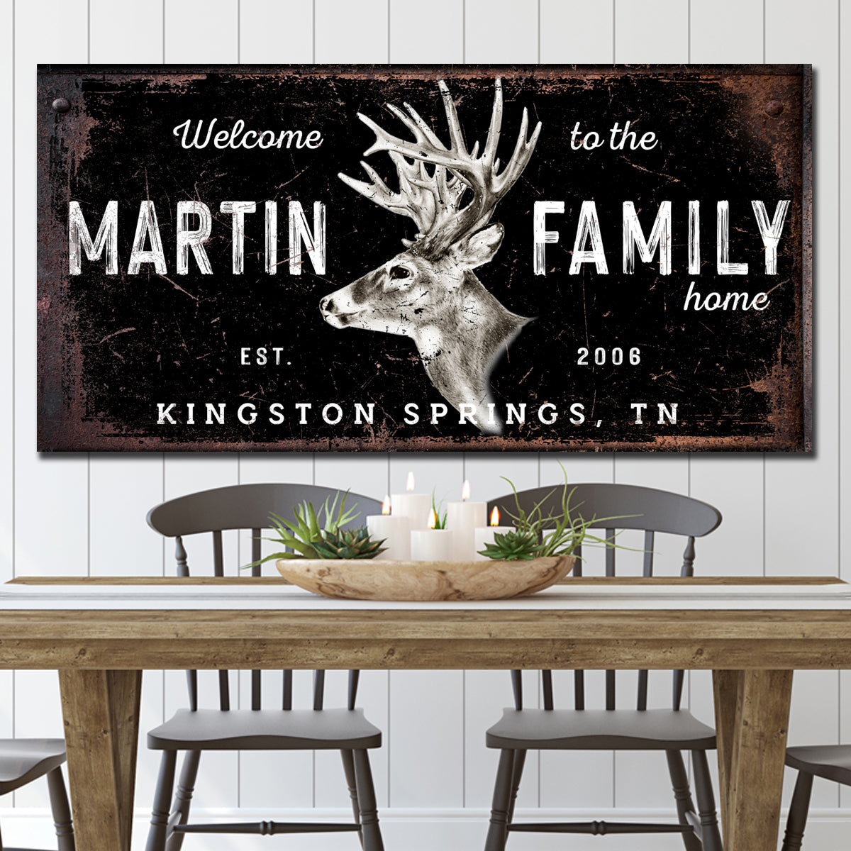Cabin Decor personalized deer sign  with Dark Background. Welcome to the Family Home [name] Established in 2008 [Year] with City and State. Deer head metal wall art available.