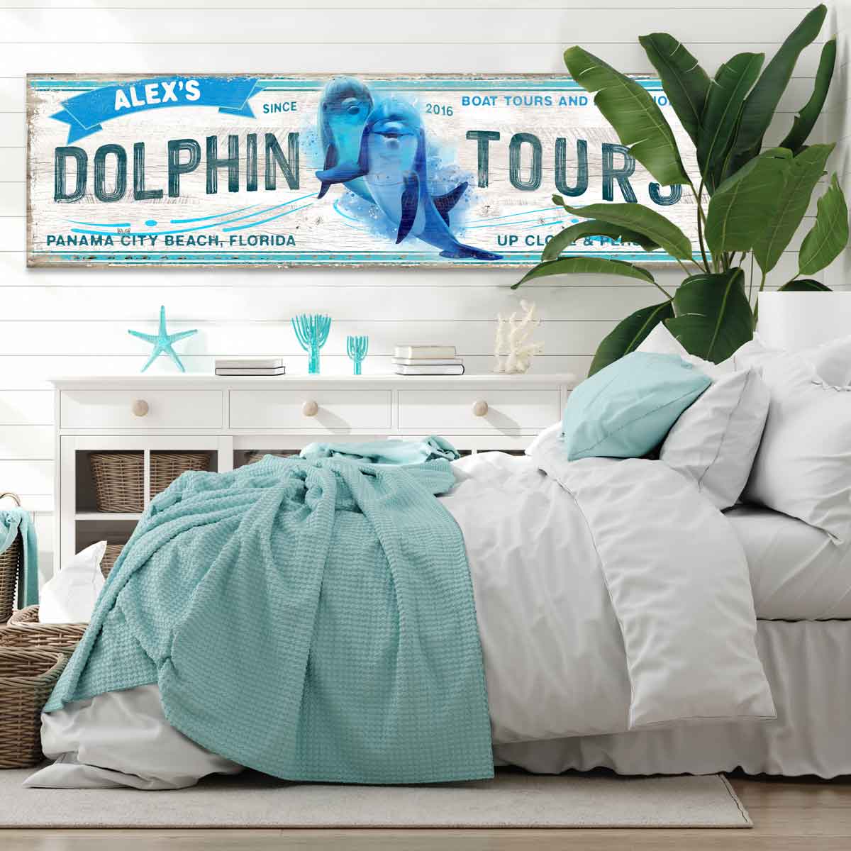 Dolphin wall decor of two dolphins with the words Dolphin Tours with city state and [family name]