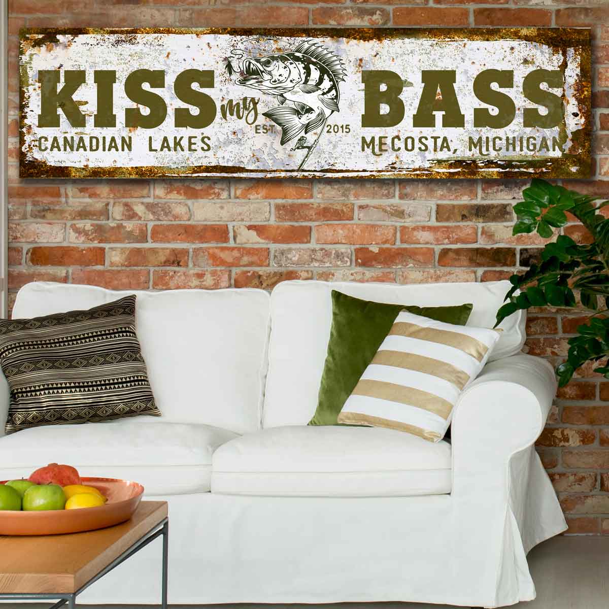 Lake House Sign and Fishing Decor Sign with a funny saying that says: Kiss my Bass, with city and state.