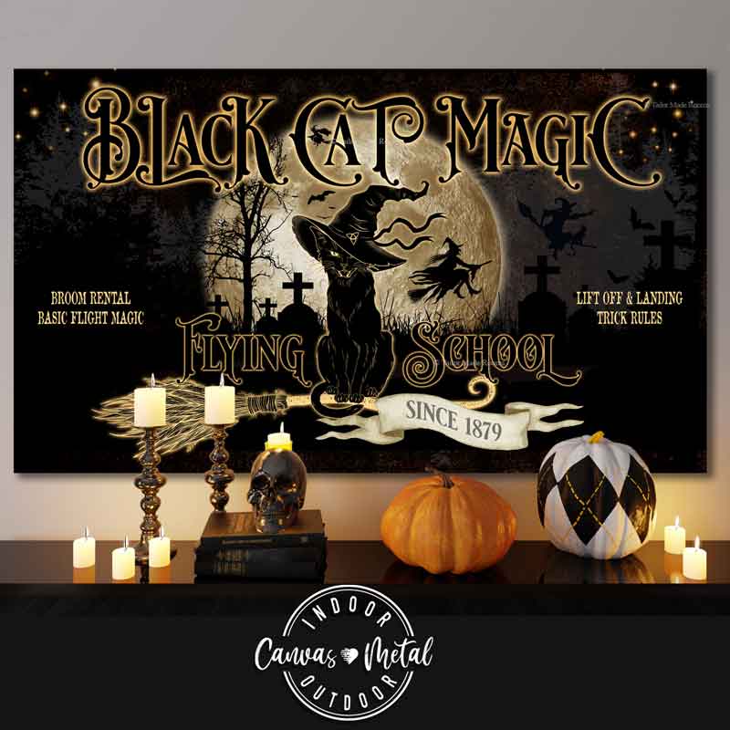 Halloween Wall sign - Black Cat Magic Flying School Hocus Pocus - on black with a moon and cat, witch  silhouette with bats flying