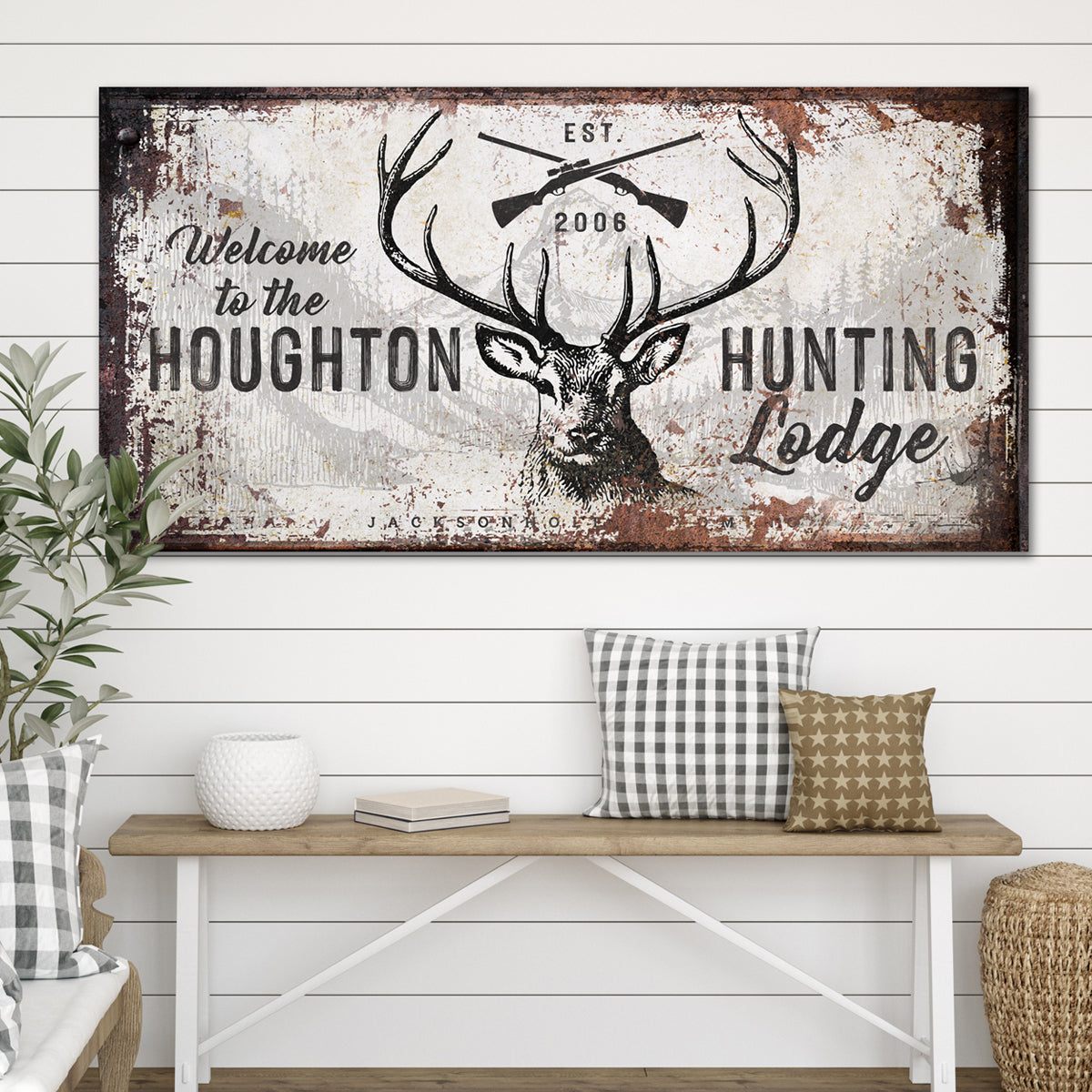 Reads [welcome to the {family name} hunting lodge. Est {your year} on metal or canvas designed to look distressed