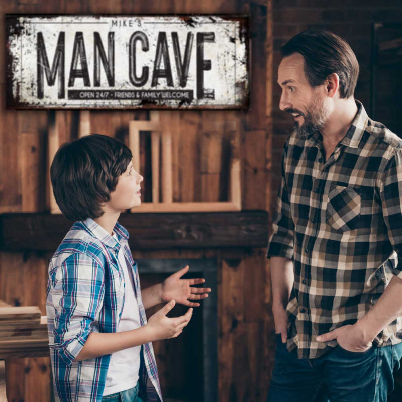 man cave garage sign open 24/7 friends and family welcome on white distressed background