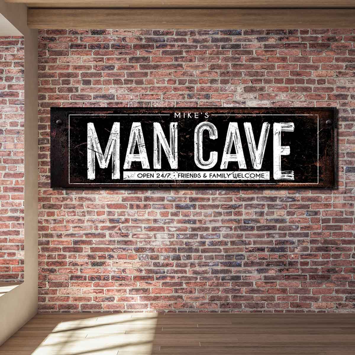 Man Cave Signs on rusted black large canvas art with the words: [Name's Man Cave, open 24/7, friends and family welcome