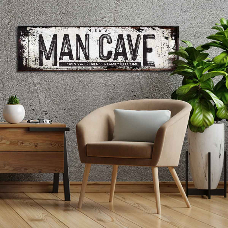 Metal Man Cave Sign on rusted black large canvas art with the words: [Name's Man Cave, open 24/7, friends and family welcome