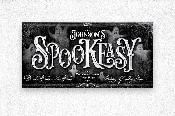 Halloween Ghost Wall Decor on black stone background with ghost appearing around the words Spookeasy Enter at your own Risk.