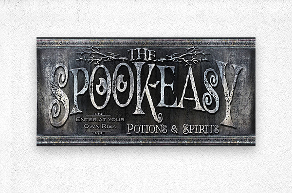 Spookeasy-Speakeasy Sign on stone black background with the Words Spookeasy Potions and Spirits.