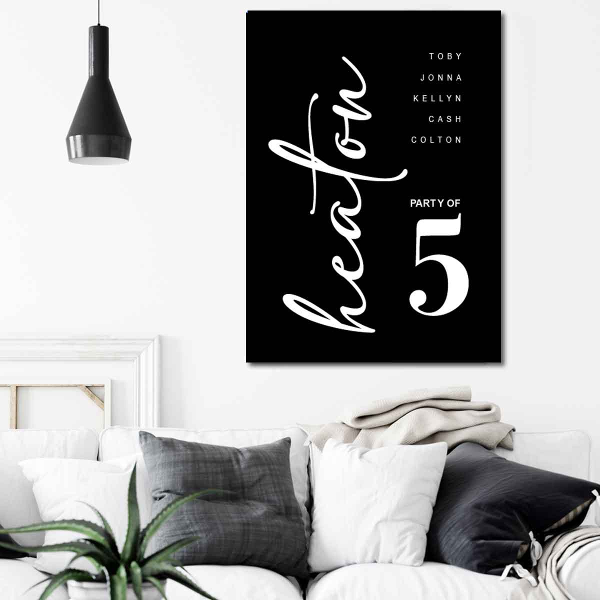 Modern farmhouse sign on black canvas with white words that say: Family Name, each persons name, and the words Pary of [numb of people in your family] and a Big Number 5