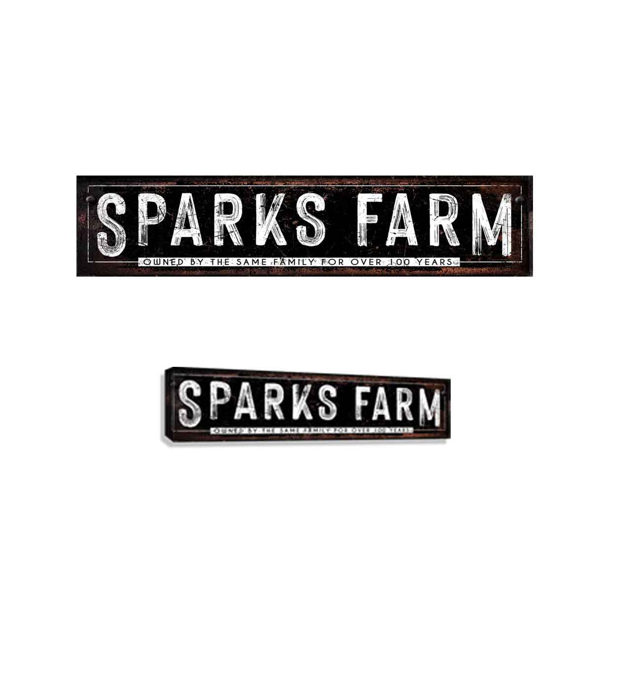 Cattle Ranch Signs on black distressed metal with the words (family Name) owned for 100 years.