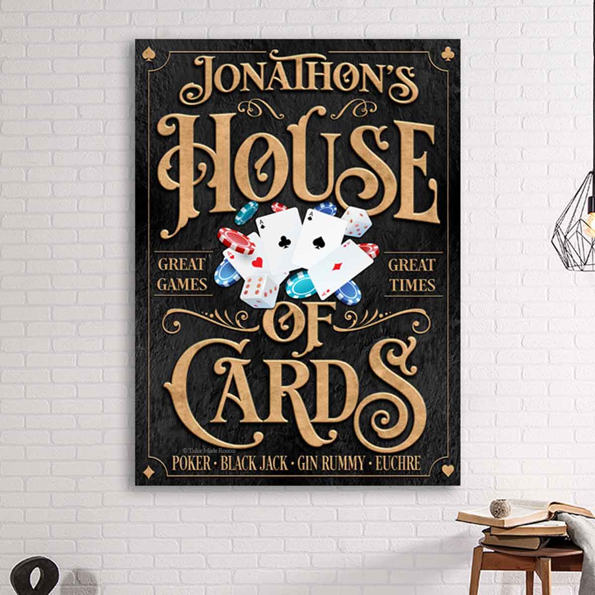 Poker room wall decor_playing card wall decor is set on a black stone backroud with wooden 3d lettering with the words: [family Name] House of Cards, poker black jack, gin rummy and euchre