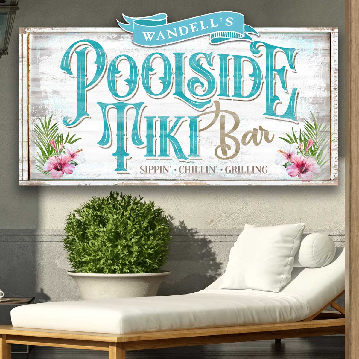 Pool Signs and  Pool and Patio Signs - on a rustic background with flowers and  the words Poolside tiki Bar