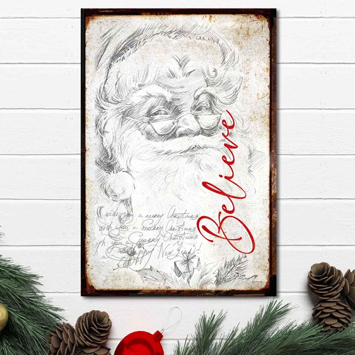 santa art Believe of Vintage Santa on rustic background with the words Believe