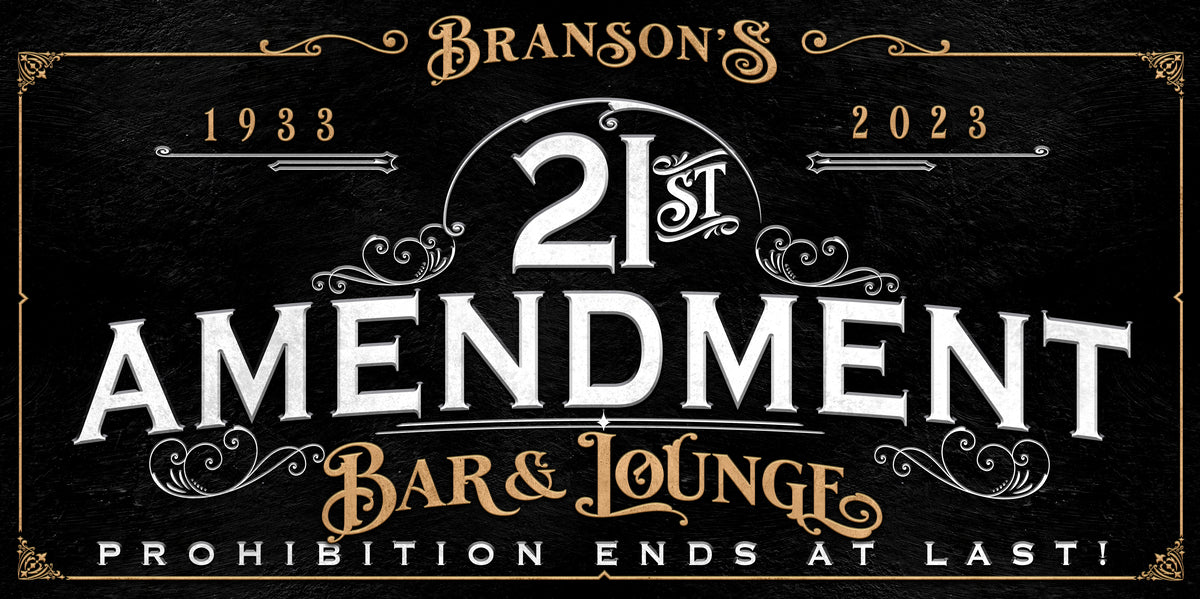 Speakeasy Decor 21st Amendment Sign on black stone frame with the words (family name) 21st Amendment Bar and Lounge - Prohibition ends at last!