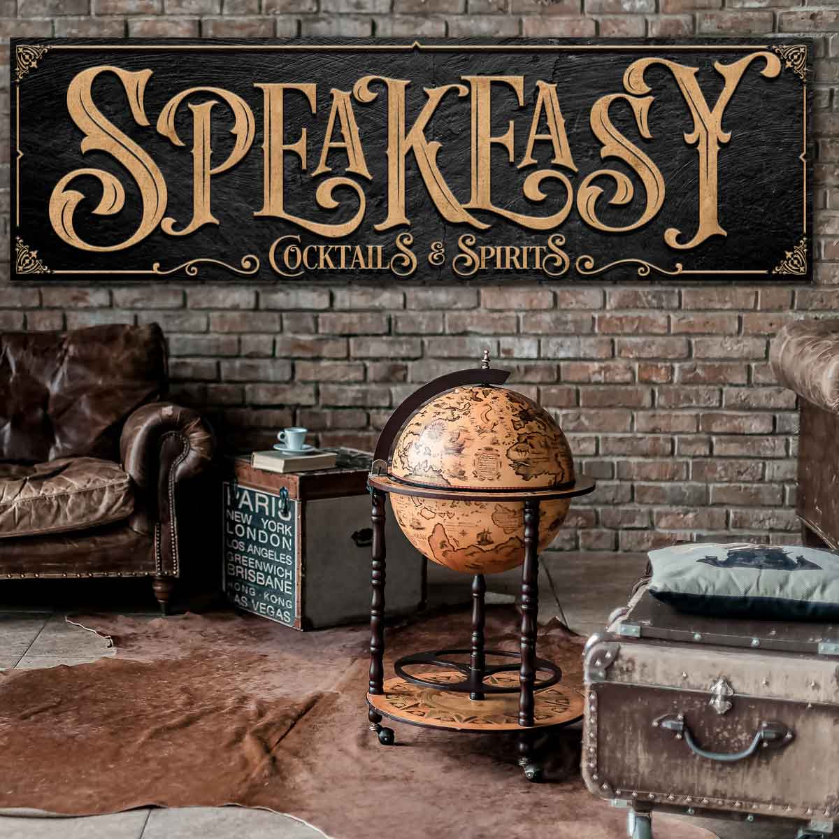 Speakeasy decor on black background and words Speakeasy cocktails and spirits