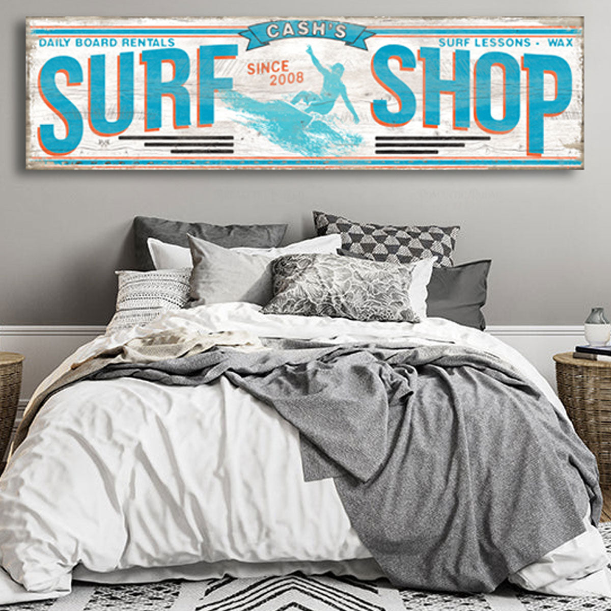 Surf Room Decor for boys room on old faux stress board and the words [Surf Shop] name, year born