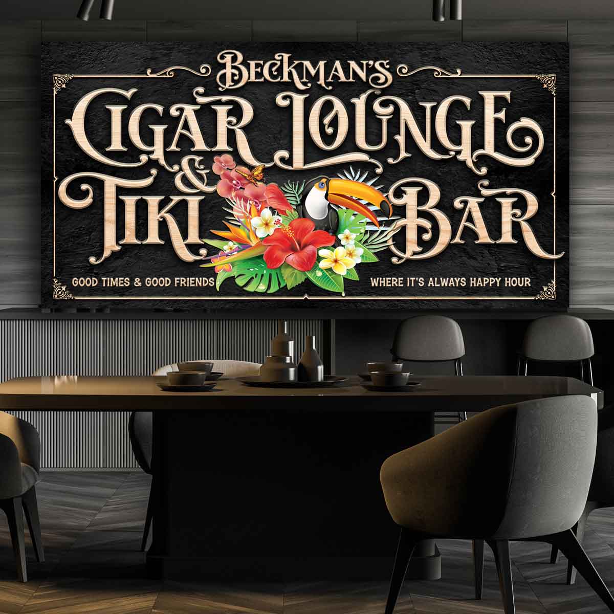 Tiki Bar -Cigar Lounge & Tiki Bar Sign on black background with tropical flowers and bird.
