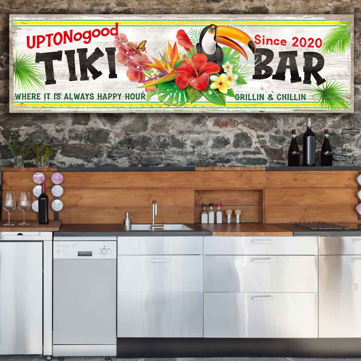 Tiki Bar Sign with tropical flowers and a Tucan bird with words Tiki Bar