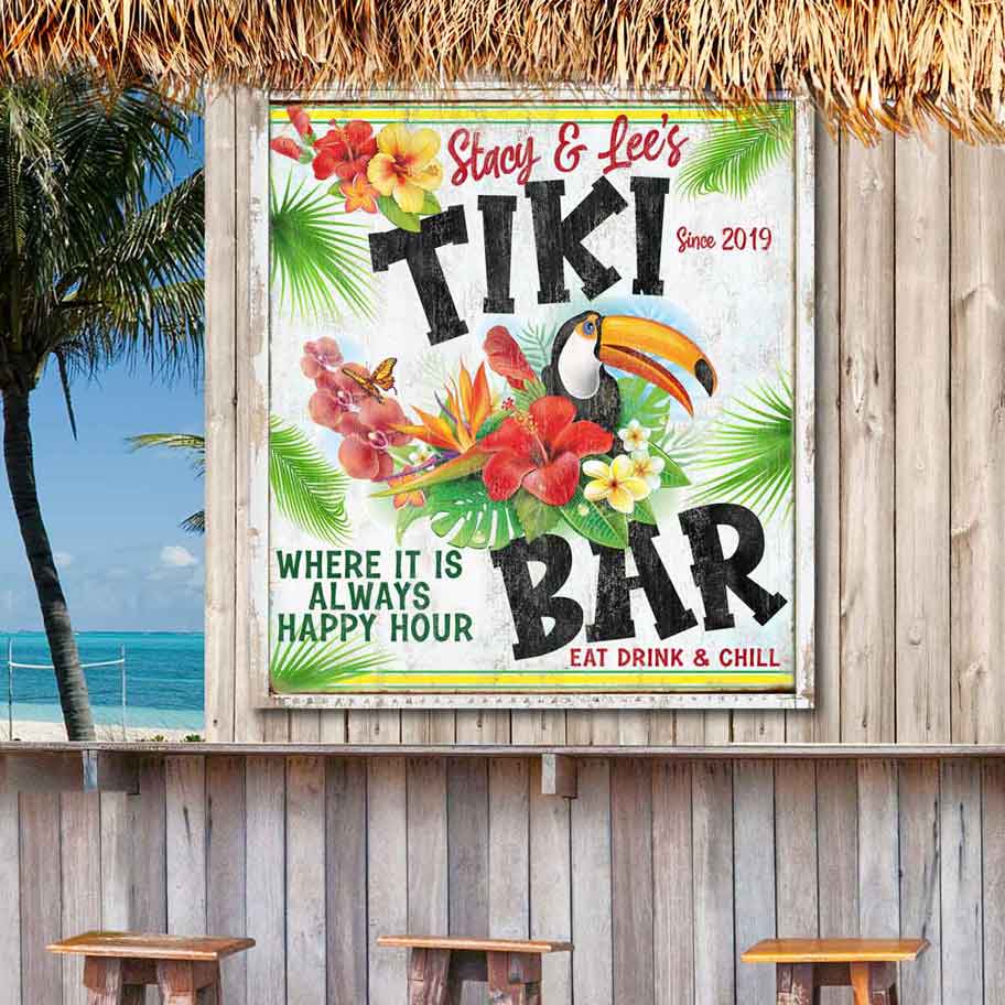 Tiki Bar Sign decor - vertical on white distressed faux wood with the words [Tiki Bar, where it is always happy hour] Eat drink and chill