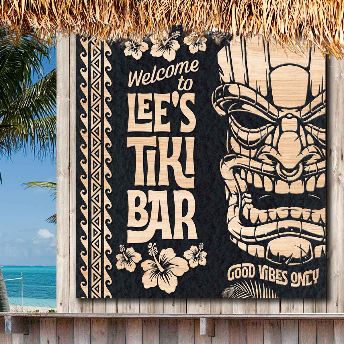 Tiki Bar sign that gives the illusion of wood. with a Polynesian Mask and the words [ Welcome to "family" name's Tike Bar, Good vibes only